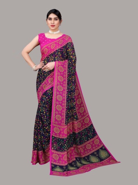 

Yashika Navy Blue & Pink Floral Saree