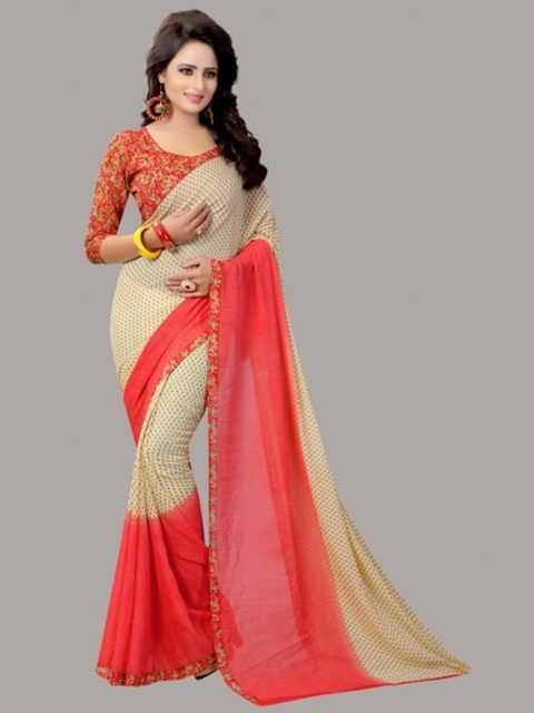 

Yashika Red & Beige Colourblocked Saree