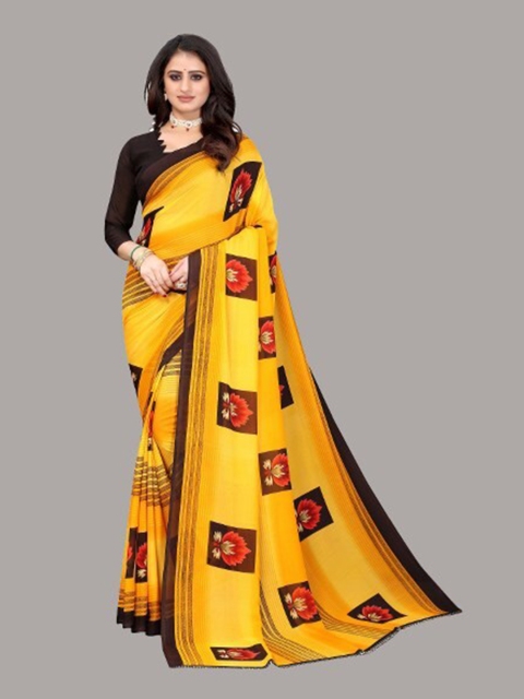 

Yashika Yellow & Brown Floral Saree