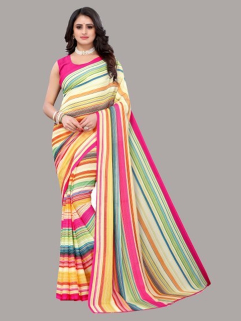 

Yashika Pink & Green Striped Saree