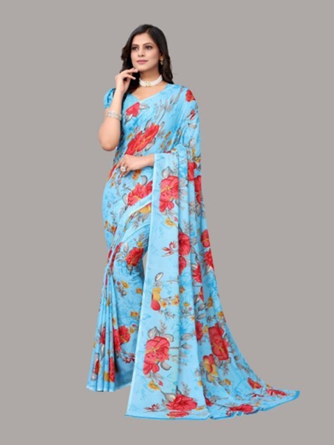 

Yashika Turquoise Blue & Peach-Coloured Floral Saree