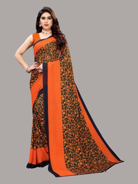

Yashika Orange & Navy Blue Floral Zari Saree