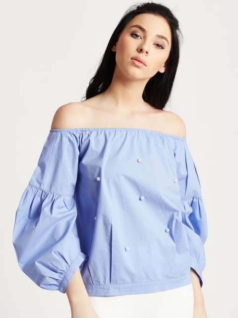 

COVER STORY Women Blue Solid Bardot Pure Cotton Top