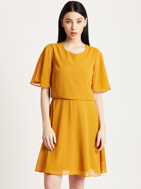 

COVER STORY Women Mustard Yellow Solid Fit & Flare Dress