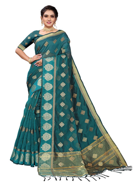 

Pisara Sea Green & Gold-Toned Woven Design Zari Organza Saree