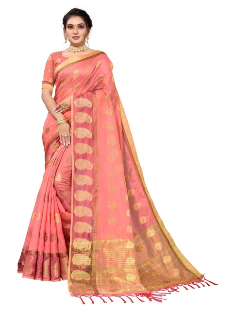 

Pisara Peach-Coloured & Gold-Toned Paisley Zari Organza Saree