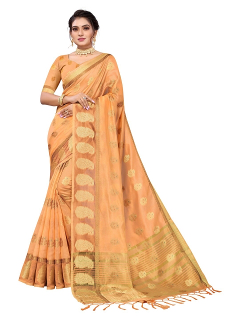 

Pisara Orange & Gold-Toned Paisley Zari Organza Saree