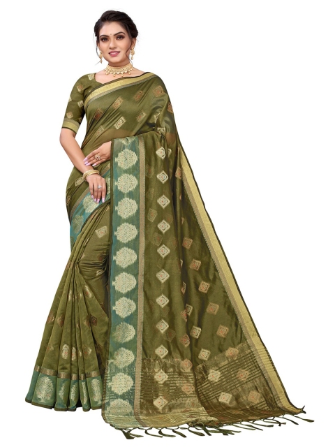 

Pisara Olive Green & Gold-Toned Woven Design Zari Organza Saree