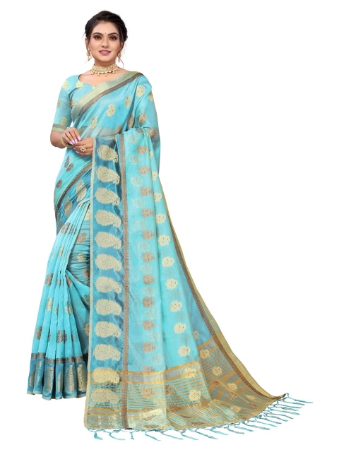 

Pisara Turquoise Blue & Gold-Toned Paisley Zari Organza Saree