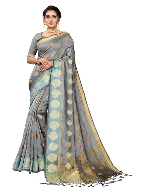 

Pisara Grey & Gold-Toned Floral Zari Organza Saree