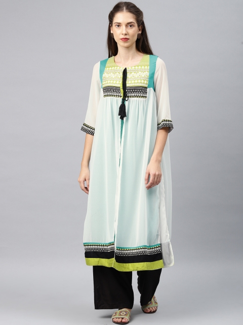 

W Women Sea Green & White Printed A-Line Kurta