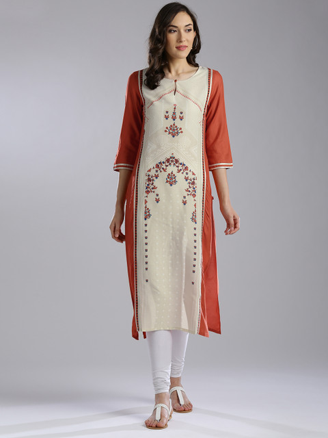

W Women Beige & Coral Orange Printed Straight Kurta