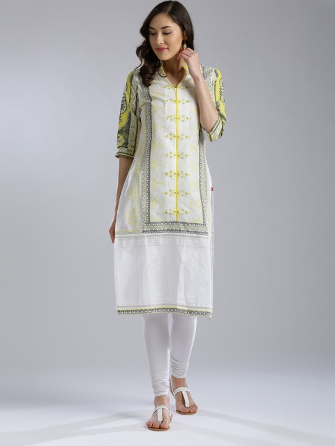 

W Women White & Yellow Printed Straight Kurta