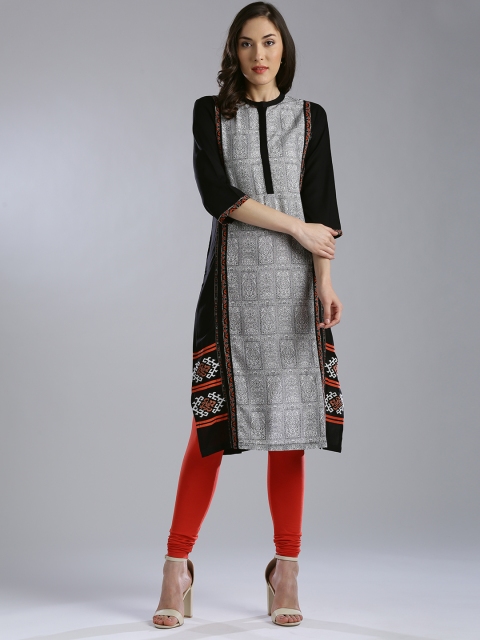 

W Women Black & White Printed Straight Kurta