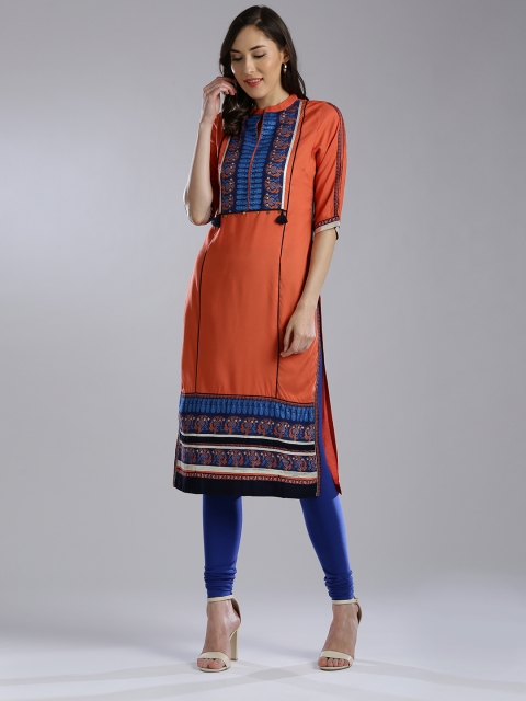 

W Women Orange & Blue Woven Design Straight Kurta