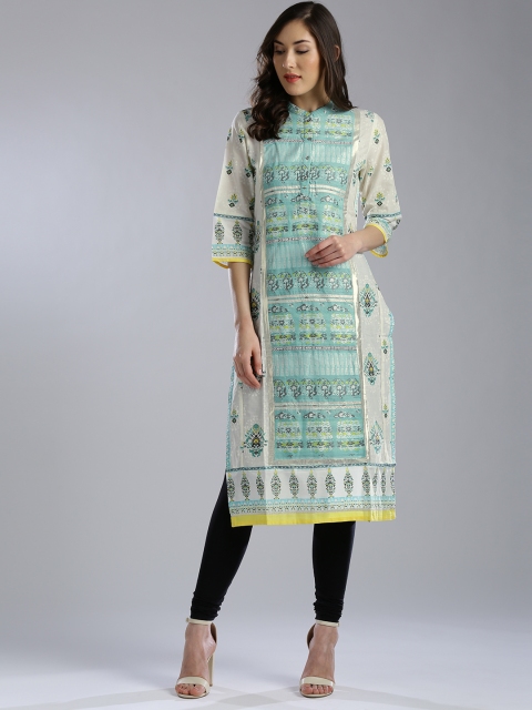 

W Women Blue & Off-White Woven Design Straight Kurta