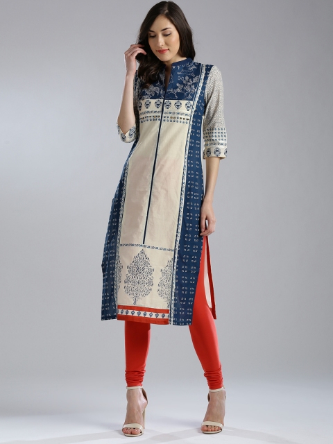 

W Women Beige & Navy Printed Straight Kurta
