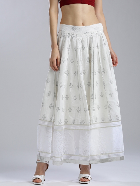 

W White Printed Maxi Flared Pure Cotton Skirt