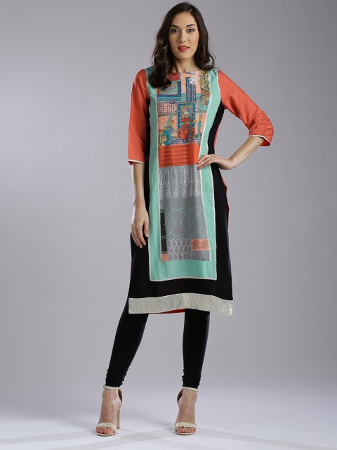 

W Women Orange & Sea Green Quirky Print Straight Kurta