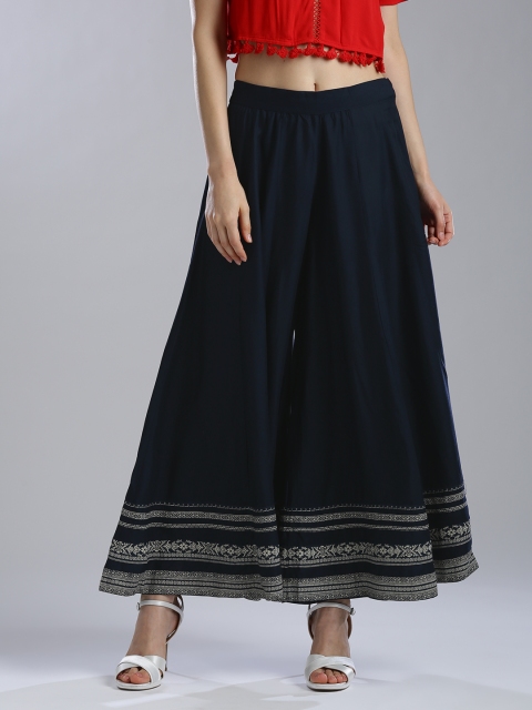 

W Women Navy Solid Flared Palazzos, Navy blue