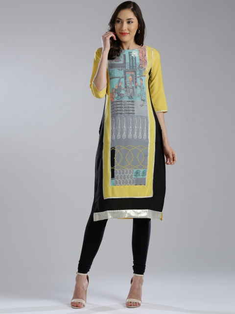 

W Women Yellow Quirky Print Straight Kurta