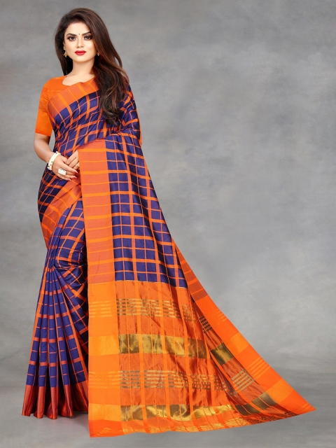 

APNISHA Orange & Blue Checked Zari Pure Cotton Saree