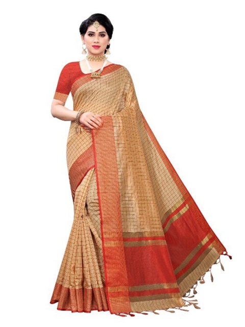 

APNISHA Beige & Red Checked Pure Cotton Saree