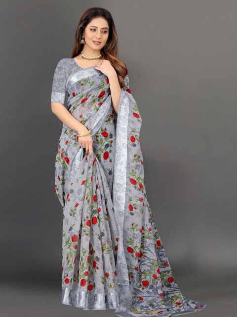 

APNISHA Grey & Red Floral Saree
