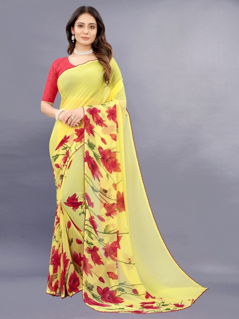 

APNISHA Yellow & Red Floral Pure Georgette Saree