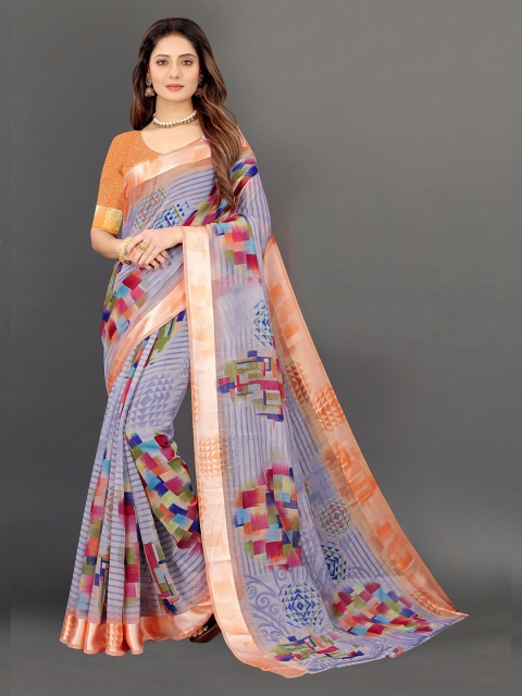 

APNISHA Grey & Pink Floral Saree