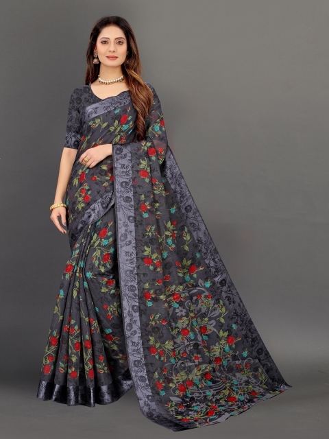 

APNISHA Black & Red Floral Saree