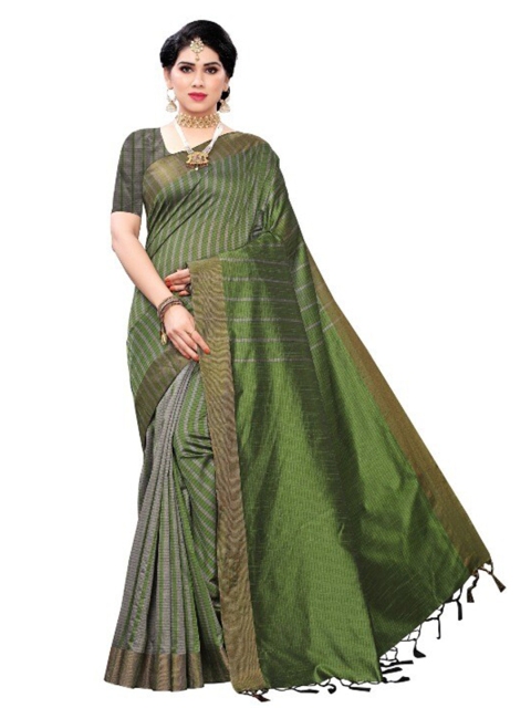 

APNISHA Green & Grey Striped Zari Pure Cotton Saree