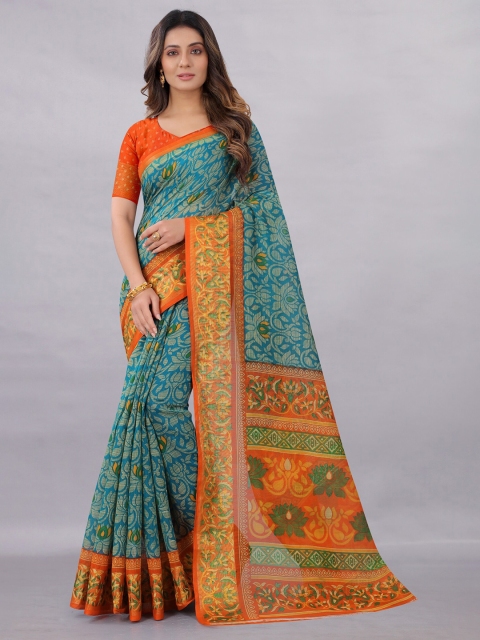 

APNISHA Blue & Orange Floral Zari Pure Cotton Saree