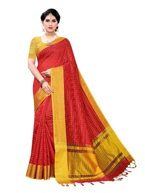 

APNISHA Red & Yellow Checked Pure Cotton Saree