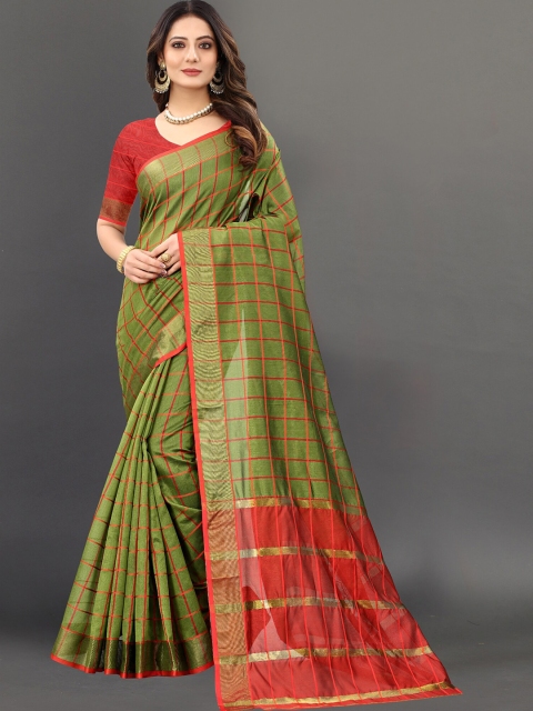 

APNISHA Olive Green & Red Checked Pure Cotton Saree