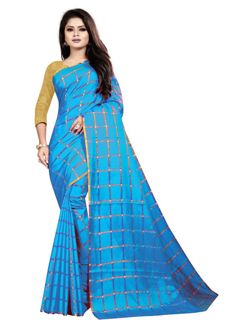 

APNISHA Blue & Gold-Toned Checked Pure Silk Saree
