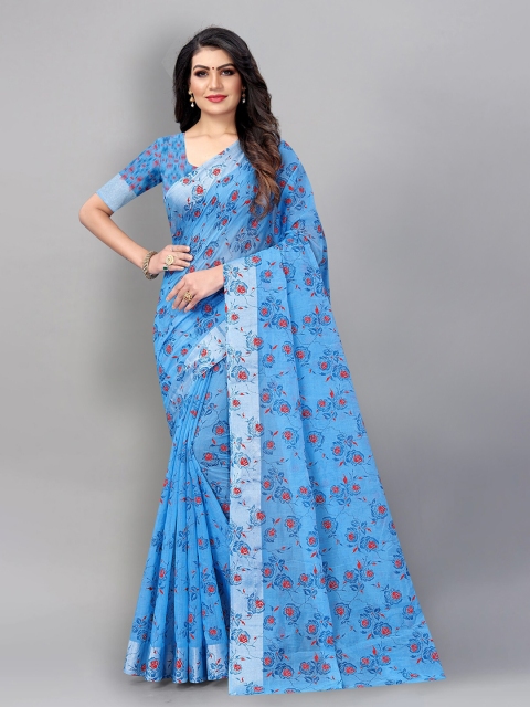

APNISHA Blue & Red Floral Pure Cotton Saree