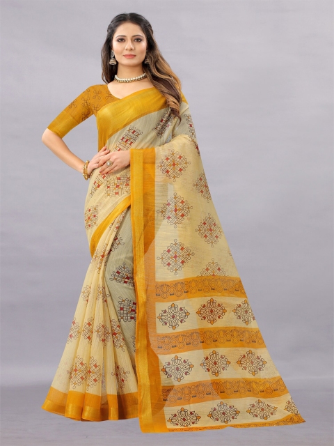 

APNISHA Yellow & Red Ethnic Motifs Zari Pure Cotton Saree