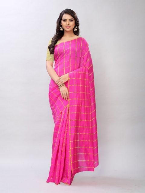 

APNISHA Pink & Gold-Toned Checked Zari Pure Silk Saree