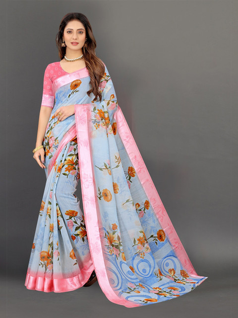 

APNISHA Blue & Pink Floral Saree