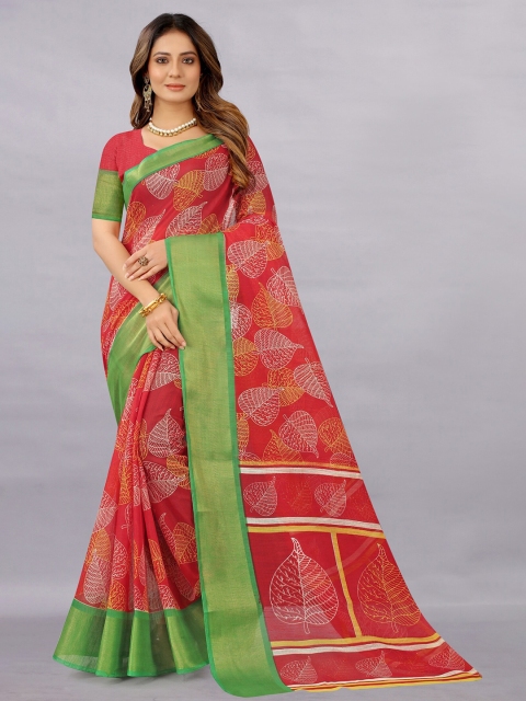 

APNISHA Red & Green Ethnic Motifs Zari Pure Cotton Saree