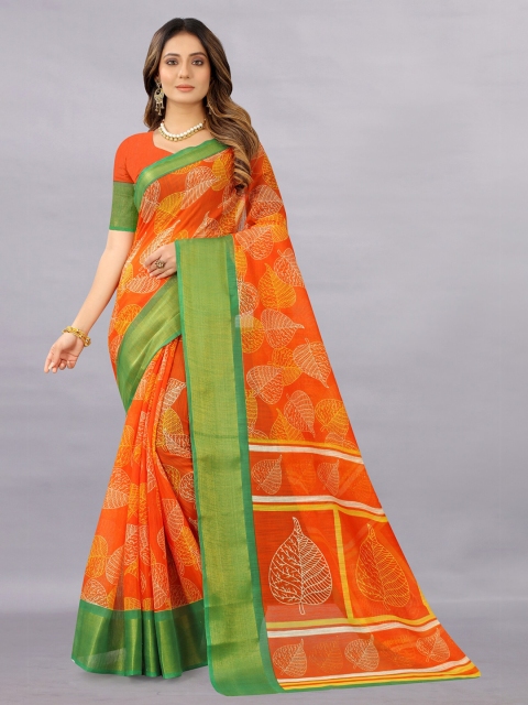 

APNISHA Orange & Green Floral Zari Pure Cotton Saree