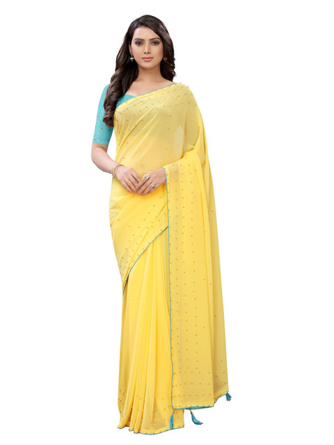 

APNISHA Yellow & Blue Embellished Beads and Stones Pure Georgette Saree