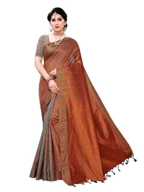 

APNISHA Beige & Grey Striped Pure Cotton Saree