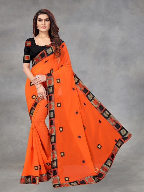 

APNISHA Orange & Black Embroidered Pure Chiffon Saree