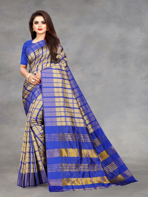 

APNISHA Blue & Gold-Toned Checked Pure Cotton Saree