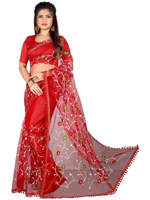 

APNISHA Red & Green Floral Embroidered Net Saree