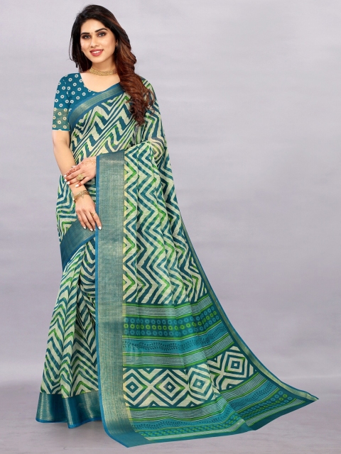 

APNISHA Teal & Cream-Coloured Zari Pure Cotton Saree
