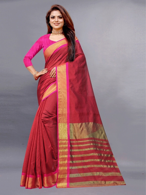

APNISHA Red & Gold-Toned Zari Pure Cotton Saree