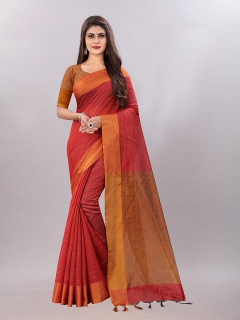 

APNISHA Red & Gold-Toned Checked Pure Cotton Saree